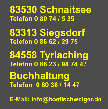 83530 Schnaitsee Telefon 0 80 74 / 5 35   83313 Siegsdorf Telefon 0 86 62 / 29 75   84558 Tyrlaching Telefon 0 86 23 / 98 74 47         Buchhaltung Telefon  0 80 36 / 14 47  E-Mail: info@hoeflschweiger.de